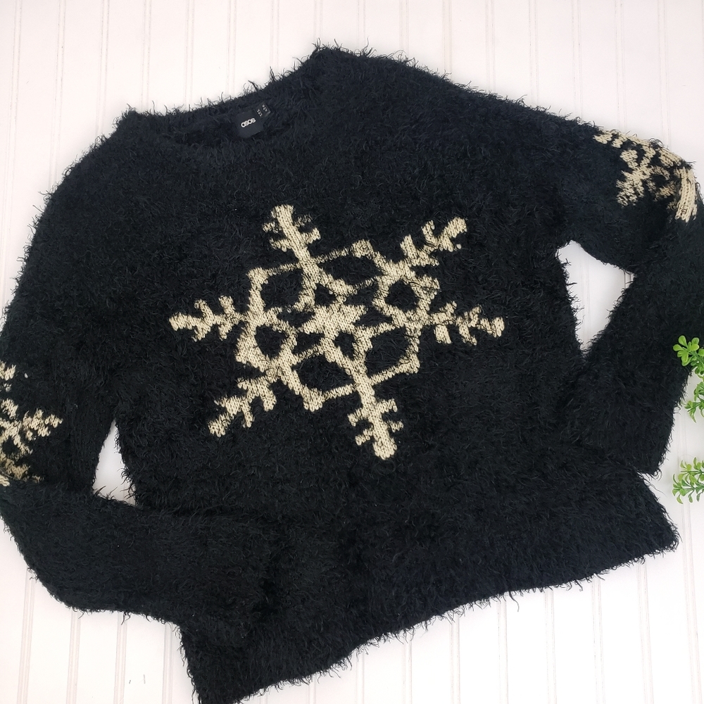 Asos Sweater Black Eyelash Sweater Snowflake Print Cozy size 12 Stretch Boho